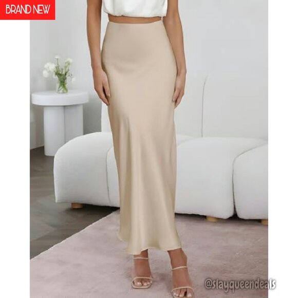 Satin High Waist Maxi Skirt Hidden Elastic A-Line Long Skirt - Picture 3 of 8